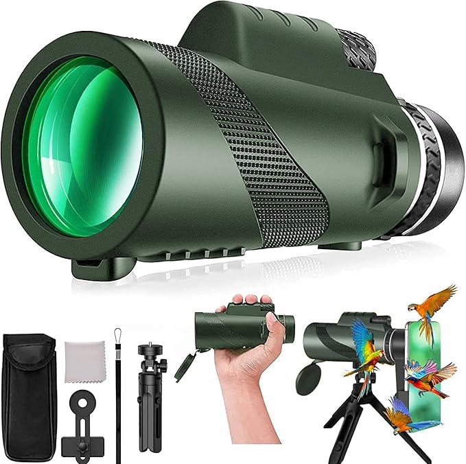 Monocular-Telescope 80x100 High Powered Monoculars High Definition for Adults High Powered with HD BAK4 Prism Smartphone Adapter Telescope Hunting Wildlife Bird Watching Travel Camping Hiking-Green