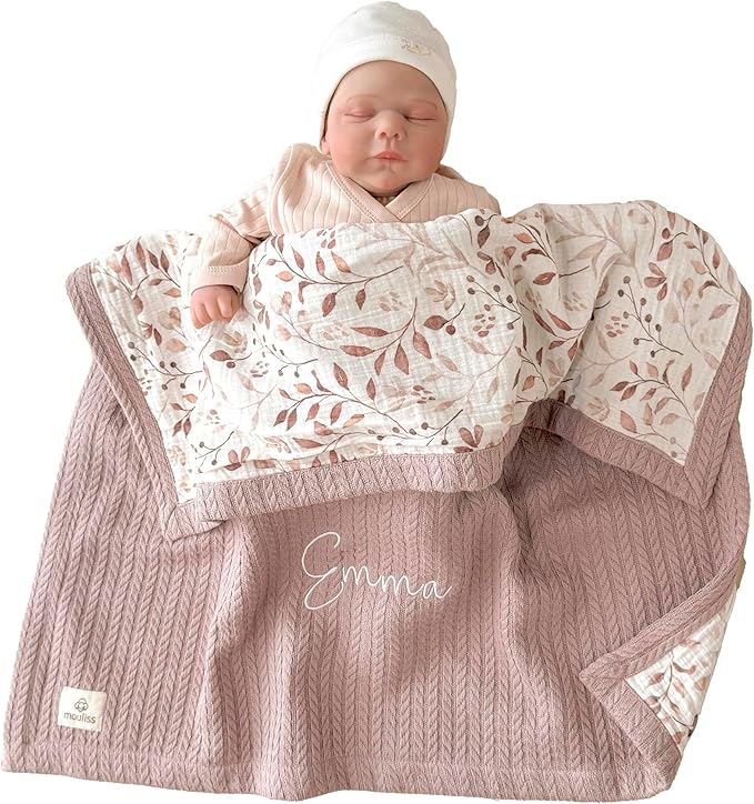 Mouliss Personalized Baby Blanket with Name – Handmade 100% Organic Cotton Newborn Gift | Custom Knit Blanket for Boys, Girls, Kids & Baby Showers