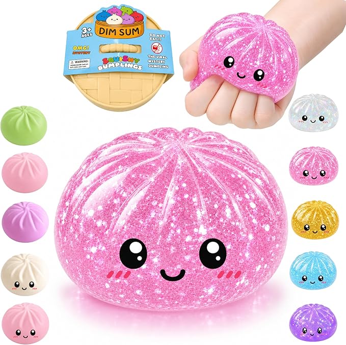 Mystery Glitter Dumpling Squishy Pack with Steamer Box – Soft Bao Bun Stress Ball, Sensory Fidget Squeeze Toy for Stress & Anxiety Relief, Stretchy Desk Toy Gift for Kids, Teens & Adults. Glitter Pink