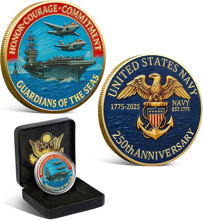 Navy 250th Anniversary Coin US 250th Commemorative Double-Sided Challenge Coin with Metal Gift Box Navy Challenge Coin for Veterans Marines Patriots 1.57" Display Navy Coin