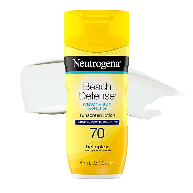 Neutrogena Beach Defense Sunscreen Lotion SPF 70 Broad Spectrum UVA UVB Protection Lightweight Water Resistant up to 80 Minutes Beach-Strength Sun Protection for Whole Family, 6.7 fl oz