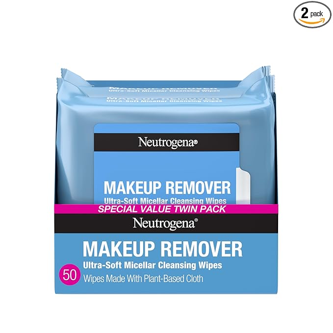 Neutrogena Makeup Remover Wipes Micellar Alcohol-Free Face Towelettes Remove Waterproof Mascara & Oil, Compostable 100% Plant-Based Cloth, Dermatologist & Ophthalmologist Tested, Twin Pack 2 x 25 ct