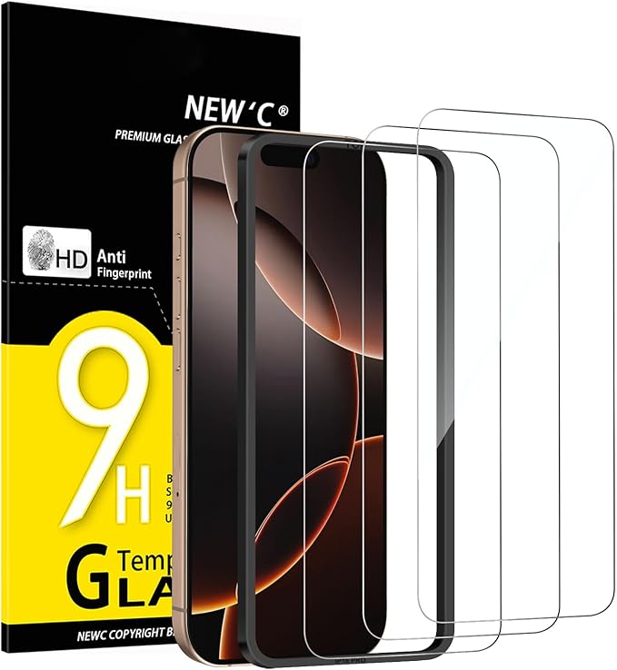 NEW'C 3 Pack Designed for iPhone 16 Pro, iPhone 17, 17 Pro Screen Protector (6.3 inches), Enhanced Tempered Glass Protection with easy installation tool included, Case Friendly