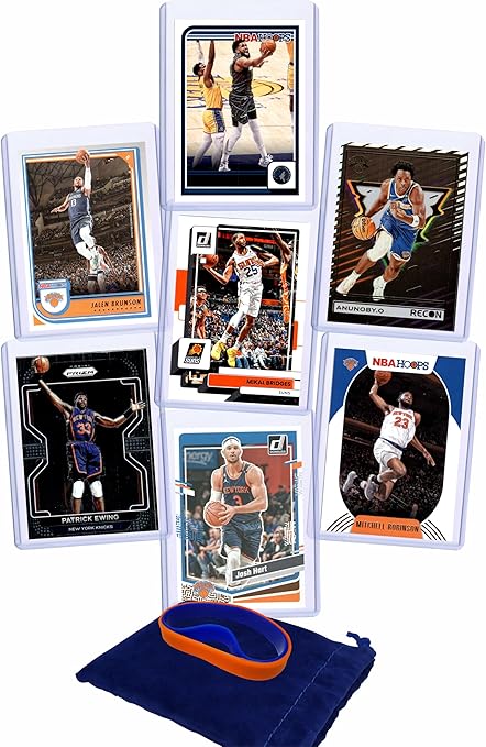 New York Knicks Cards: Karl-Anthony Towns, Jalen Brunson, Mikal Bridges, OG Anunoby, Josh Hart, Mitchell Robinson, Patrick Ewing ASSORTED Basketball Stars & GOATs Trading Cards and Wristbands Gift Pack
