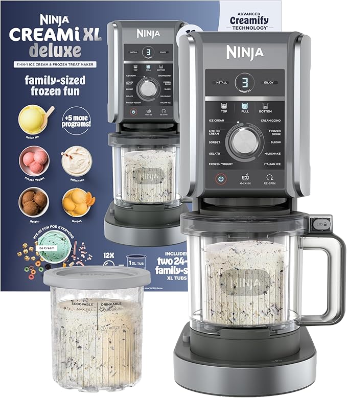 Ninja CREAMi Deluxe Ice Cream Maker | 11-in-1 Create Frozen Desserts, Sorbet, Milkshakes, Yogurt & More | Includes 2 Dishwasher Safe XL 24 Oz. Tubs with storage lids | Silver | NC501