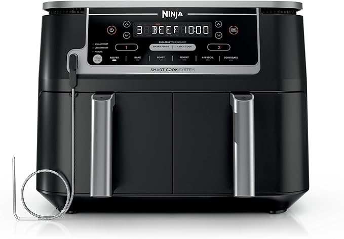 Ninja DZ550 Foodi 10 Quart 6-in-1 DualZone Smart XL Air Fryer with 2 Independent Baskets, Smart Cook Thermometer for Perfect Doneness, Match Cook and Smart Finish to Roast, Dehydrate and More, Black