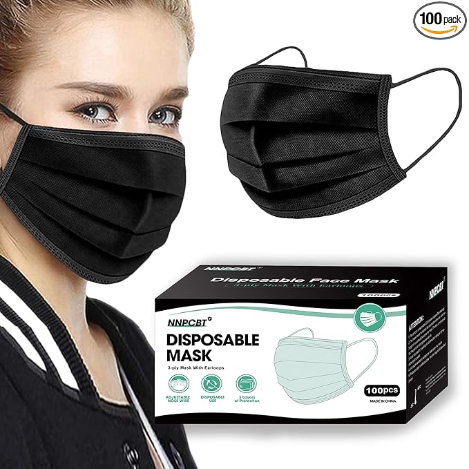 NNPCBT 100PCS 3 Ply Black Disposable Face Mask Filter Protection Face Masks