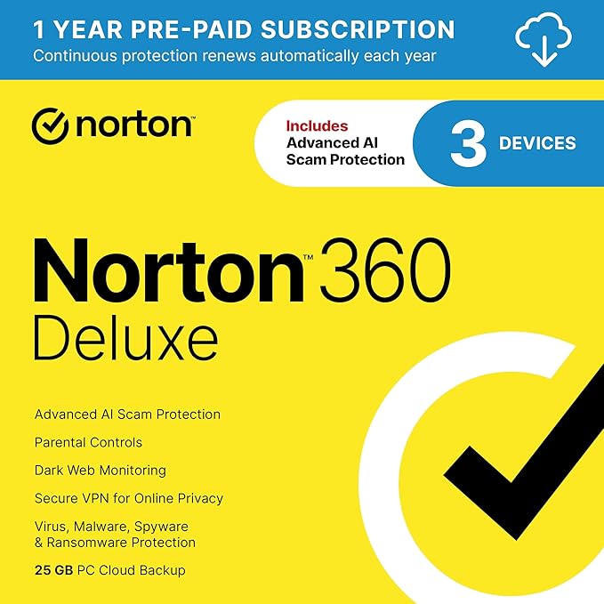 Norton 360 Deluxe, Antivirus software for 3 Devices with Auto-Renewal – Includes Advanced AI Scam Protection, VPN, Dark Web Monitoring & PC Cloud Backup [Download]