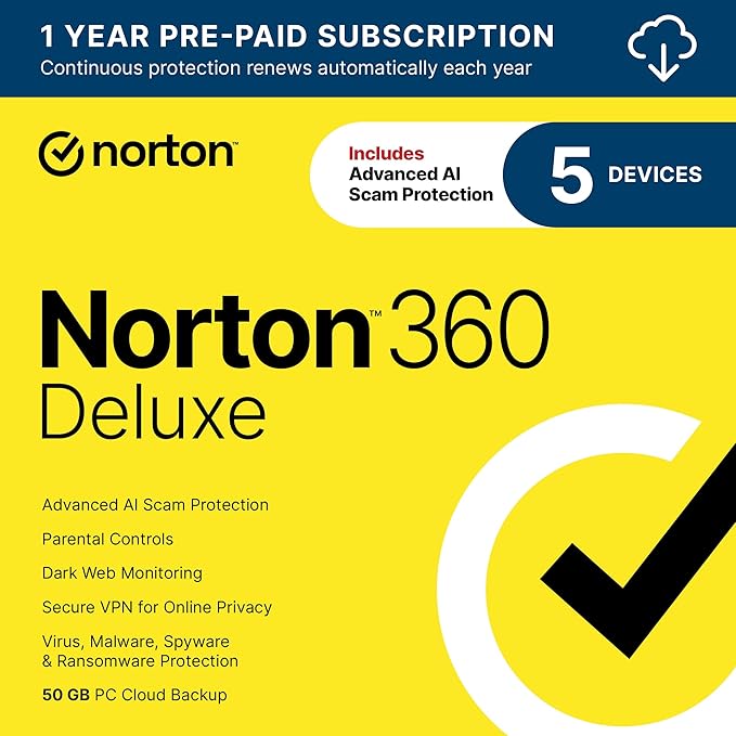 Norton 360 Deluxe, Antivirus software for 5 Devices with Auto-Renewal – Includes Advanced AI Scam Protection, VPN, Dark Web Monitoring & PC Cloud Backup [Download]
