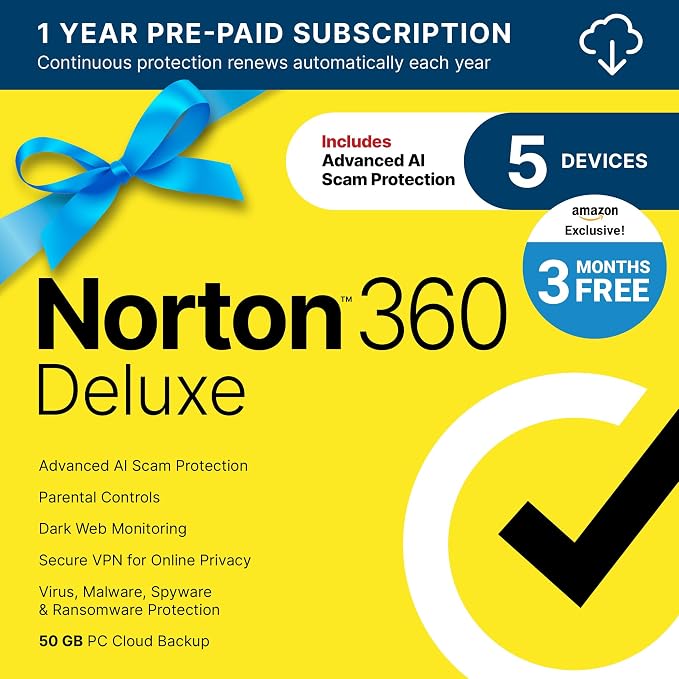 Norton 360 Deluxe, Antivirus software for 5 Devices with Auto-Renewal – 3 MONTHS FREE - Includes Advanced AI Scam Protection, VPN, Dark Web Monitoring & PC Cloud Backup [Download]