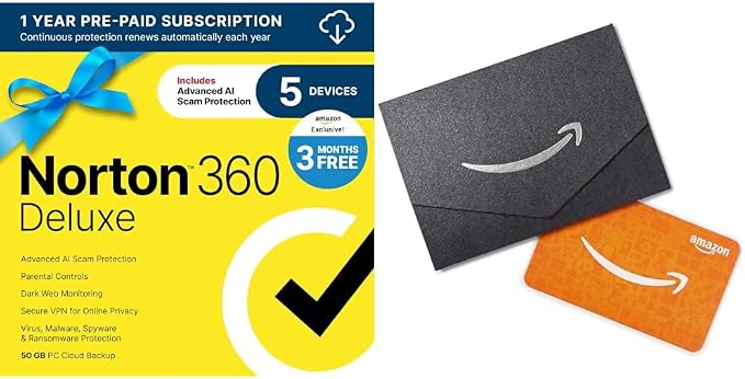 Norton 360 Deluxe Antivirus Software for 5 Devices with Auto-Renewal - 3 MONTHS FREE with $10 Amazon.com Gift Card in Mini Envelope Bundle