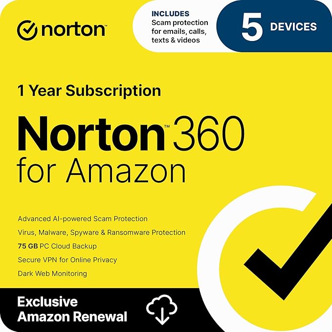 Norton 360 for Amazon, Antivirus software for up to 5 Devices with Auto Renewal - Includes Scam Protection Pro, VPN & Dark Web Monitoring [Subscription]