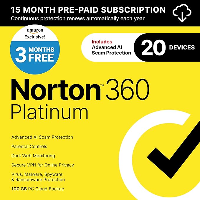 Norton 360 Platinum, Antivirus software for 20 Devices with Auto-Renewal – 3 Months FREE - Includes Advanced AI Scam Protection, VPN, Dark Web Monitoring & PC Cloud Backup [Download]