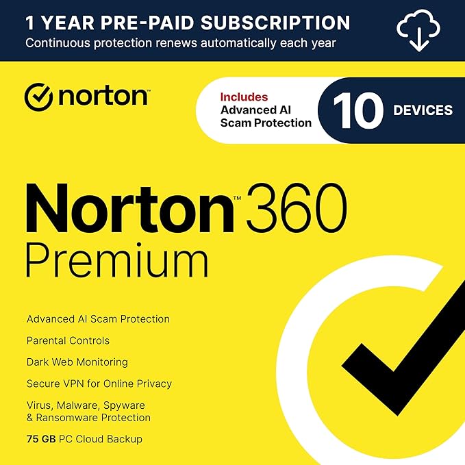 Norton 360 Premium, Antivirus software for 10 Devices with Auto-Renewal – Includes Advanced AI Scam Protection, VPN, Dark Web Monitoring & PC Cloud Backup [Download]