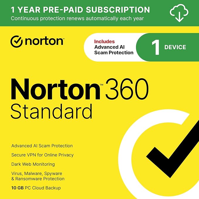 Norton 360 Standard, Antivirus software for 1 Device with Auto-Renewal – Includes Advanced AI Scam Protection, VPN, Dark Web Monitoring & PC Cloud Backup [Download]