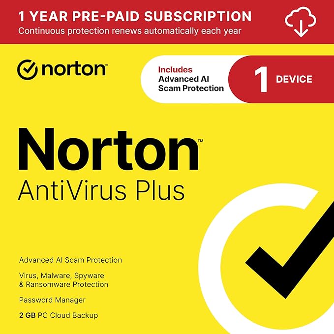 Norton AntiVirus Plus, Antivirus software for 1 Device with Auto-Renewal – Includes Advanced AI Scam Protection, Password Manager and PC Cloud Backup [Download]