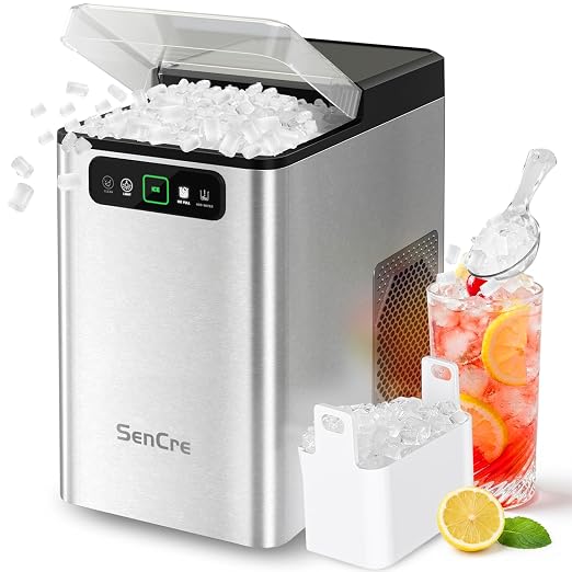 Nugget Ice Maker Countertop 40Lbs/24H Soft Chewable Ice Machine Pellet Crushed Ice Makers, One-Click Operation Auto Self-Cleaning Stainless Steel with Scoop for Home Kitchen Office, Silver