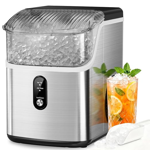 Nugget Ice Maker Countertop, Pebble Ice Machine with Soft Chewable Pellet Ice, 35Lbs/24H, Self-Cleaning, One-Click Operation for Kitchen, Office, Home, Stainless Steel Silver