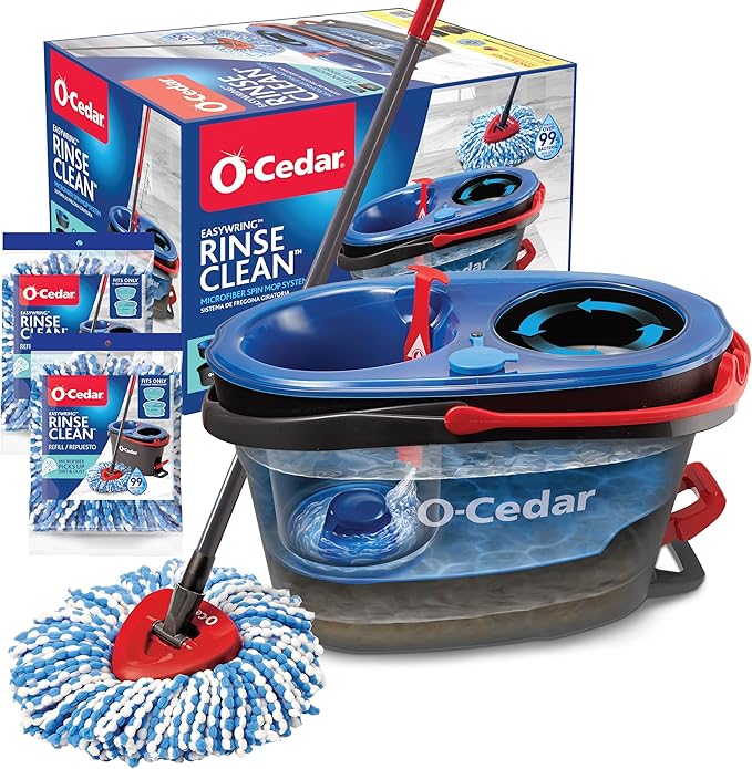 O-Cedar RinseClean Spin Mop & Bucket System + 2 Extra Mop Heads | Clean with Water | Removes 99% of Bacteria