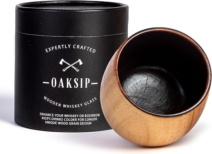 Oaksip The Original Charred Wooden Bourbon Drinking Glass | Charred Old Fashioned Glass | Bourbon Gifts for Men, Dad, or Brother | Whiskey Gifts