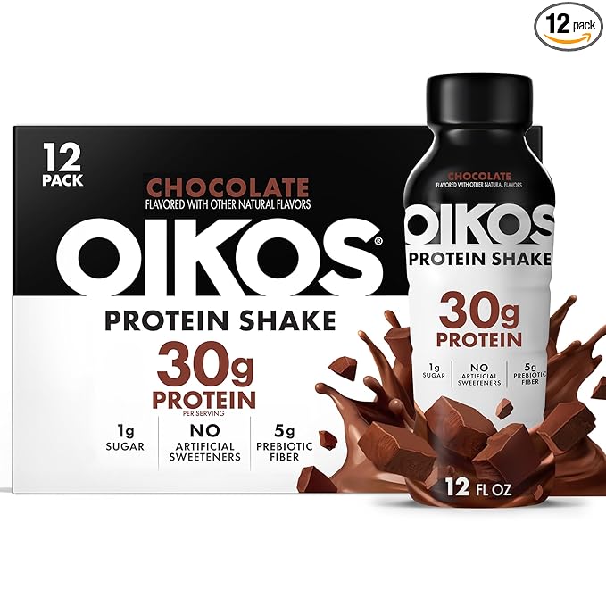 Oikos Protein Shake, Chocolate, 30g High Protein Drinks, Shelf Stable, Ready to Drink, 5g Prebiotic Fiber, 12 fl oz Bottle, 12 Count​