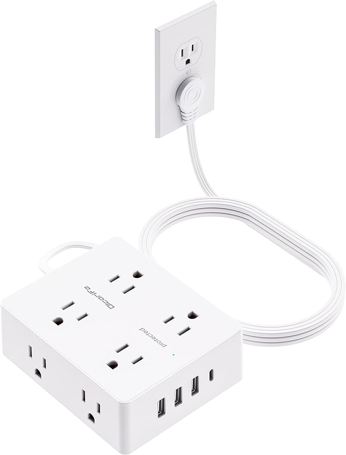 Olcorife Flat Plug Power Strip with 10 FT Extension Cord, 8 Outlets 4 USB Ports(1 USB C), 3 Sided Outlet Extender for Home Office Travel Dorm Room Essentials, White
