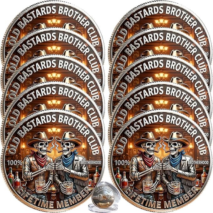 Old Bastards Brotherhood Coin, Funny Old Bastards Brother Club Challenge Coin for Men, Cowboy Skeleton Whiskey Commemorative Coin, Lifetime Member Novelty Token, Brotherhood Gift for Friends (10PCS)
