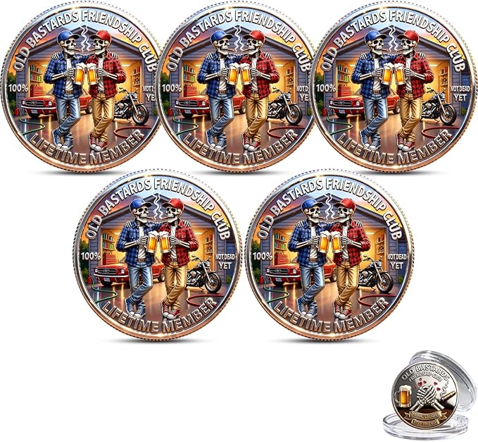 Old Friends Forever Club Coin, Old Bastards Friendship Club Challenge Coin, Funny Skeleton Beer Brotherhood Commemorative Coin, Drink, Laugh & Stay Friends Gift for Drinking Buddies & Men