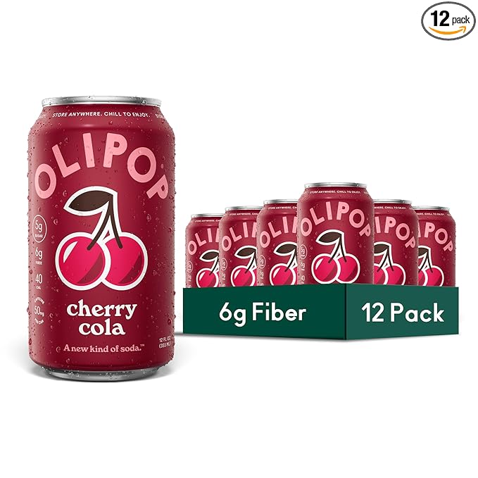OLIPOP Prebiotic Soda Pop, Cherry Cola, Pantry Pack Packed with Prebiotics, Fiber, and Botanicals, Gluten Free, GMO Free, 12oz (12-Cans) (Packaging May Vary)