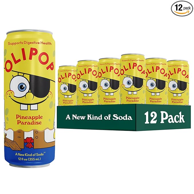 OLIPOP Prebiotic Soda Pop, SpongeBob Pineapple Paradise, Pantry Pack Packed with Prebiotics, Fiber, and Botanicals, Gluten Free, GMO Free, 12oz Skinny (12-Cans) (Packaging May Vary)