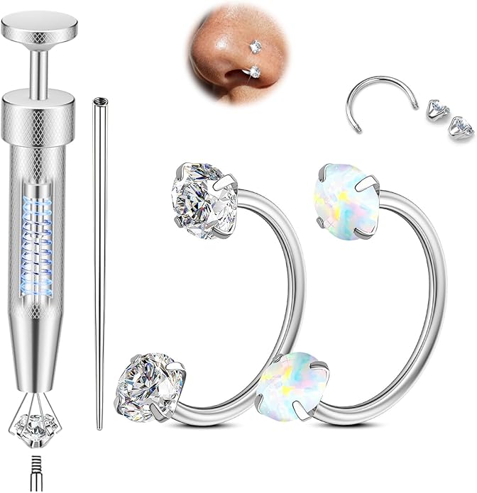 Opal Nose Ring Studs Horseshoe Nose Rings Hoops Stud 316L Stainless Steel Nose Rings Round CZ Square Screw L Shaped Nose Stud Hypoallergenic Nostril Piercing Jewelry for Women Men