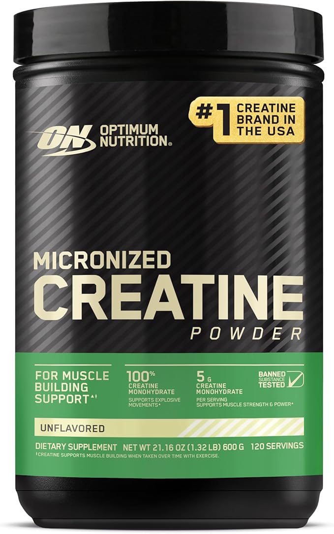 Optimum Nutrition Creatine, Micronized Creatine Monohydrate Powder, Supports Strength & Recovery, Banned Substance Tested, Unflavored, 5 g per Serving, 120 Servings