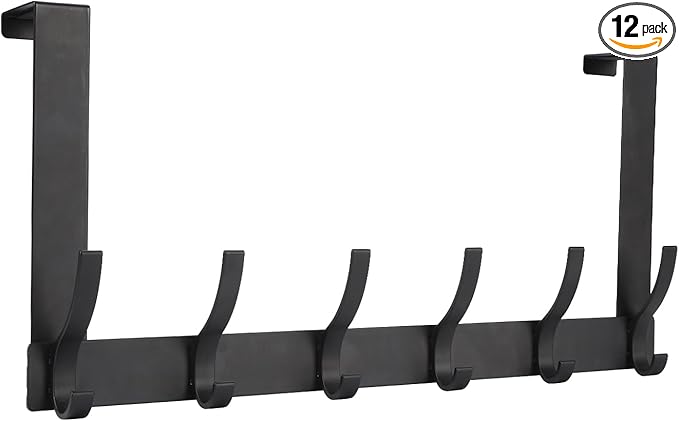 Optish Over The Door Hooks, Door Hanger Hooks for Hanging, Towel Racks for Bathroom with 12 Coat Hook, Coat Rack College Dorm Essentials Bathroom Accessories（1 Pack, Black）