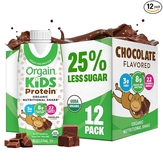 Orgain Organic Kids Nutritional Dairy Protein Shakes, Chocolate, Healthy Kids Snacks, 8g Grass-Fed Protein, 3g Fiber, 22 Vitamins & Minerals, No Soy Ingredients, Non-GMO, 8.25 Fl Oz, Pack of 12