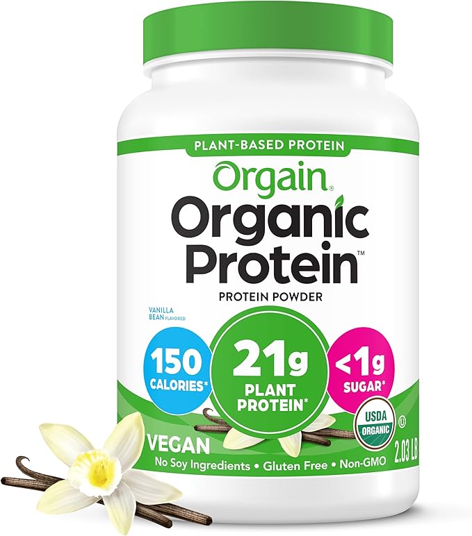 Orgain Organic Vegan Protein Powder, Vanilla Bean - 21g Plant Protein, 6g Prebiotic Fiber, No Lactose Ingredients, No Added Sugar, Non-GMO, for Shakes & Smoothies, 2.03 lb (Packaging May Vary)