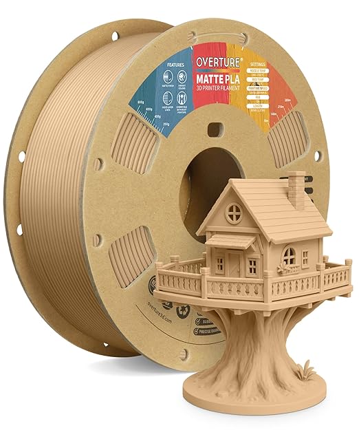 OVERTURE Matte PLA 3D Printer Filament 1.75mm, Matt Surface & Low Warping Filament 1kg Spool (2.2 lbs), Accuracy +/- 0.02 mm, Fit Most FDM Printers (Matte Light Brown)