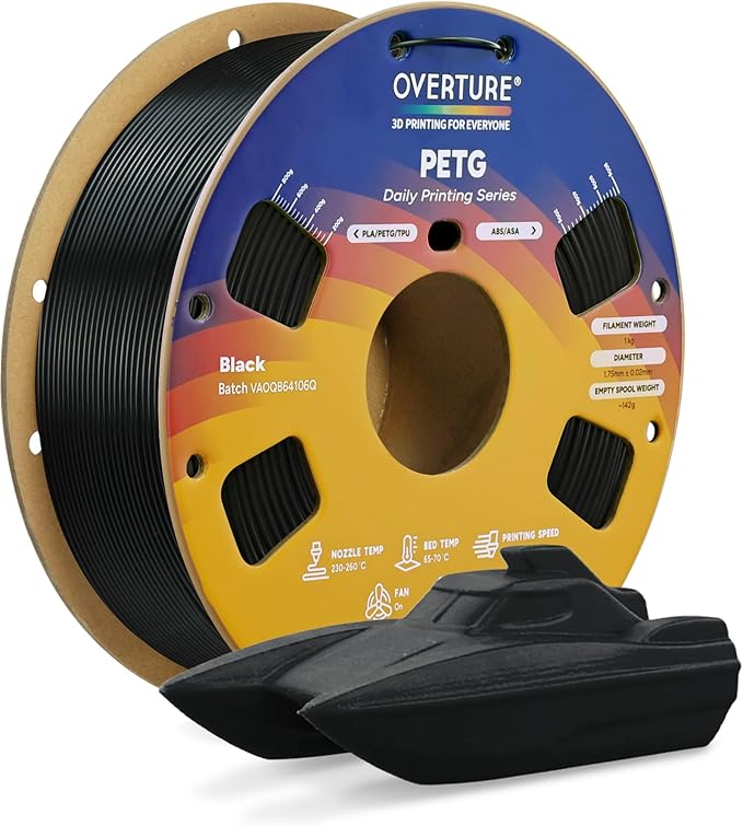 OVERTURE PETG Filament 1.75mm, High Speed 3D Printer Filament, Neatly Wound & Clog-Free, 1kg Spool (2.2lbs) Rapid PETG, Dimensional Accuracy +/- 0.02mm, Fit Most FDM Printers (Black (1-Pack))