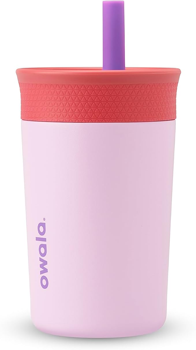Owala Kids Insulation Stainless Steel Tumbler with Spill Resistant Flexible Straw, Easy to Clean, Kids Water Bottle, Great for Travel, Dishwasher Safe, 12 Oz, Pink and Purple (Lilac Rocket)