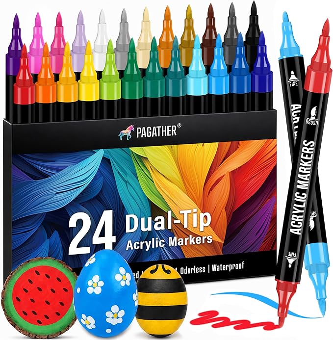 Pagather 24 Colors Acrylic Paint Markers, Dual Tip with Fine Tip and Brush Tip Pens for Fabric, Stone, Wood, Canvas, Ceramic, Metal, Glass, Rock Painting, DIY Crafts