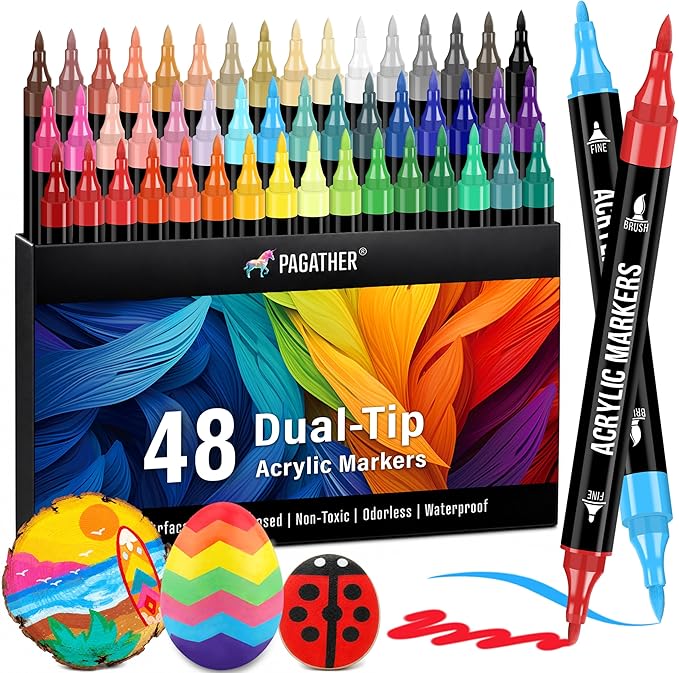 Pagather 48 Colors Acrylic Paint Markers, Dual Tip with Fine Tip and Brush Tip Pens for Fabric, Stone, Wood, Canvas, Ceramic, Metal, Glass, Rock Painting, DIY Crafts