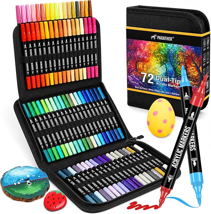 Pagather 72 Colors Acrylic Paint Markers, Dual Tip with Fine Tip and Brush Tip Pens for Stone, Wood, Calligraphy, Canvas, Ceramic, Metal, Glass, Rock Painting, DIY Crafts Art Supplies Kit