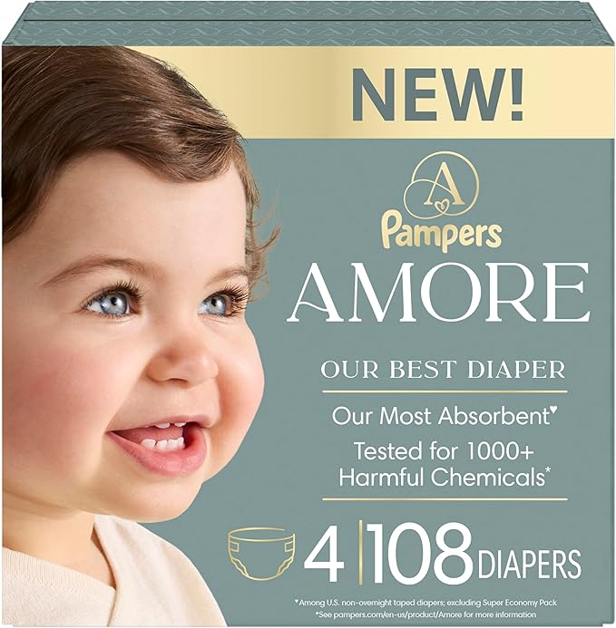 Pampers Amore, Size 4 (15-34 lbs), 108 Count, Our Best Diaper – Hypoallergenic & Fragrance Free, Up to 100% Leakproof, Soft as Cashmere