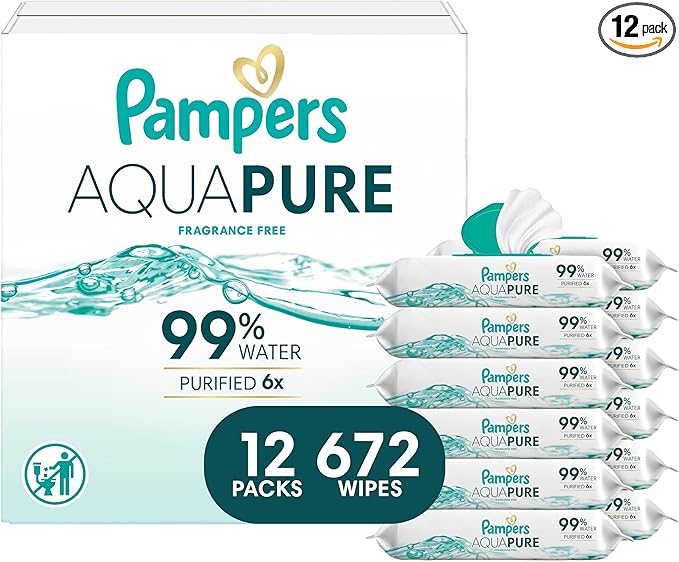 Pampers Aqua Pure Baby Wipes, 99% Water, Fragrance Free, Unscented, Water Based, Multi-Use, 672 Wipes Total (12X Flip-Top Packs) [Packaging May Vary]