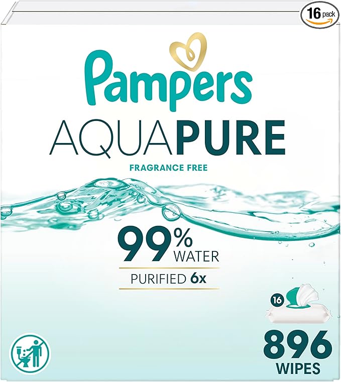 Pampers Aqua Pure Baby Wipes, 99% Water, Fragrance Free, Unscented, Water Based, Multi-Use, 896 Wipes Total (16X Flip-Top Packs) [Packaging May Vary]