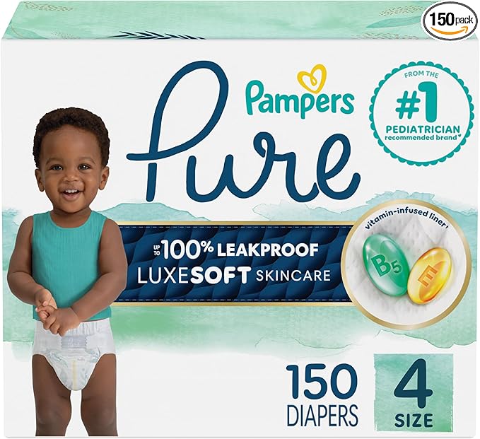 Pampers Pure Baby Diapers, Size 4 (22-37 lbs), 150, Up to 100% Leakproof, Premium Hypoallergenic Soft Diapers