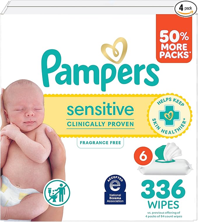 Pampers Sensitive Baby Wipes, Clinically Proven, Fragrance Free, Unscented, Water Based, Hypoallergenic, Multi-Use, Hand Wipes 336 Wipes Total (6X Flip-Top Packs) [Packaging May Vary]