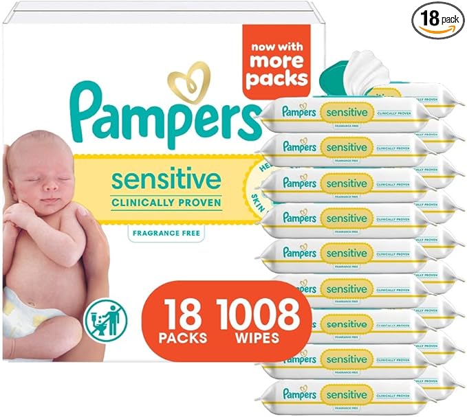 Pampers Sensitive Baby Wipes, Clinically Proven, Fragrance Free, Unscented, Water Based, Hypoallergenic, Multi-Use, Hand Wipes 1008 Wipes Total (18X Flip-Top Packs) [Packaging May Vary]