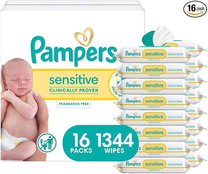 Pampers Sensitive Baby Wipes, Clinically Proven, Fragrance Free, Unscented, Water Based, Hypoallergenic, Multi-Use, Hand Wipes 1344 Wipes Total (24X Flip-Top Packs) [Packaging May Vary]