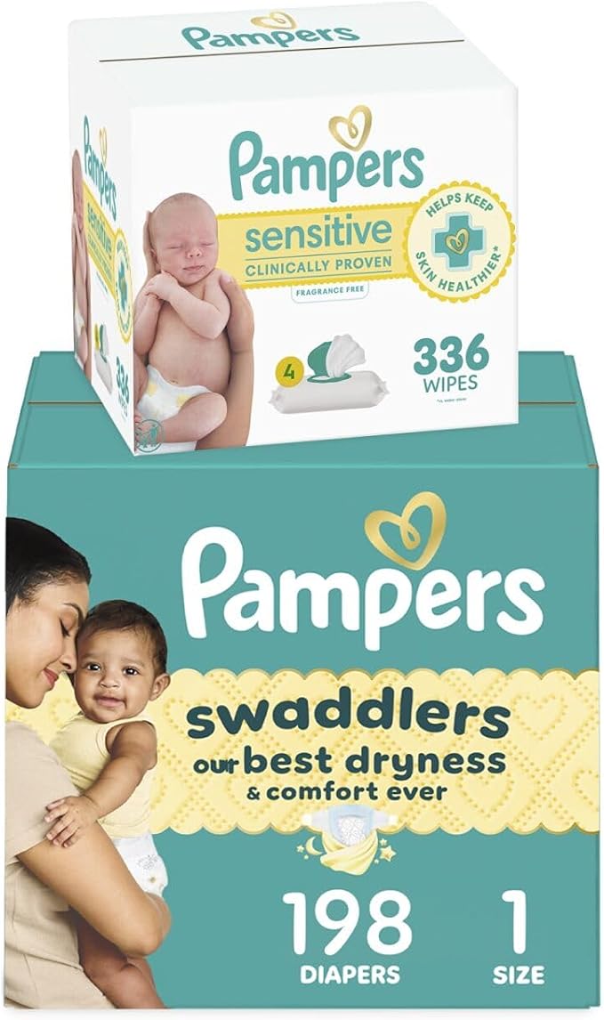 Pampers Swaddlers Disposable Baby Diapers Size 1, One Month Supply (198 Count) with Sensitive Water Based Baby Wipes 4X Pop-Top Packs (336 Count) [Packaging May Vary]