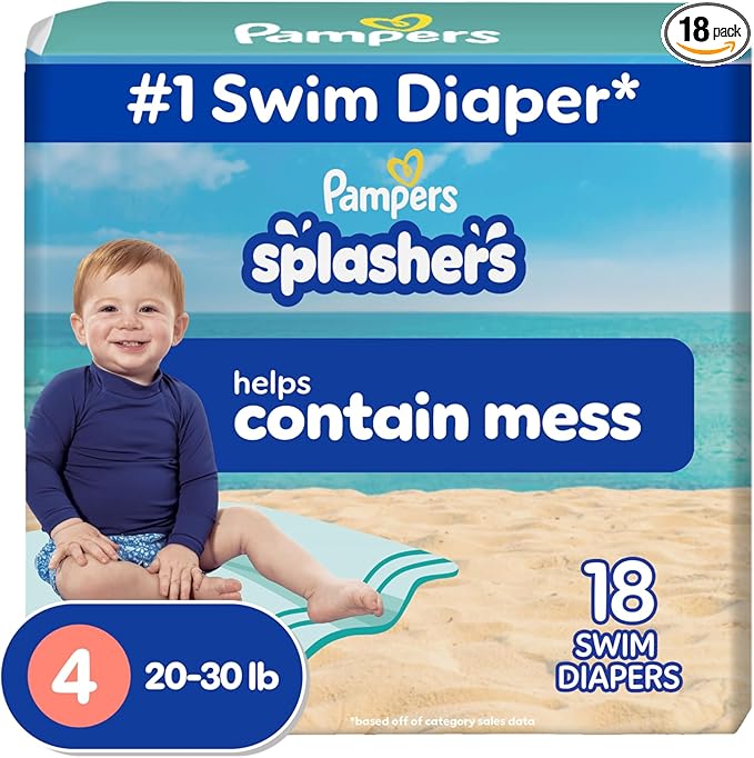 Pampers Swim Diapers - Splashers - Size 4, 18 Count, Gap-Free Disposable Baby Swimming Pants